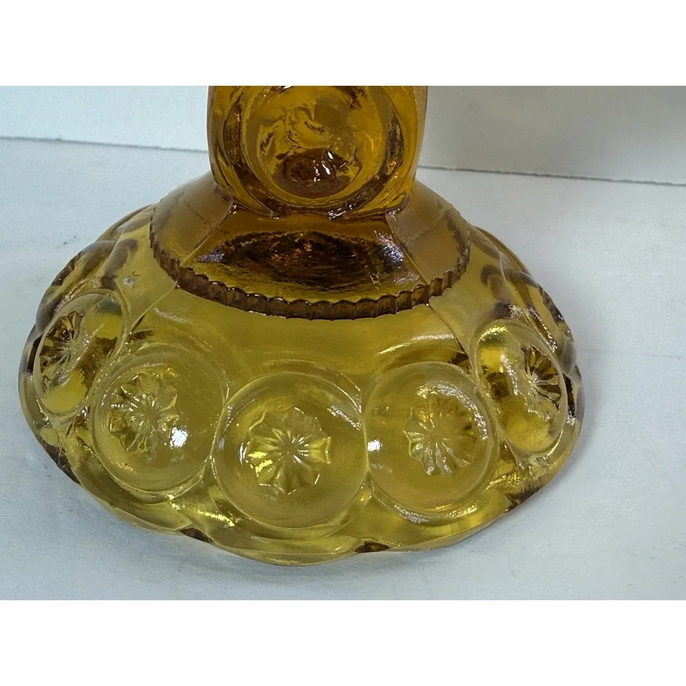 Vintage Amber Glass Moon and Stars Pedestal Candy Compote Scalloped Dish